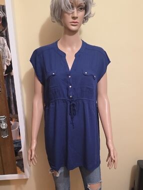 Navy Blue Maternity Split-Neck Drawstring Tunic
